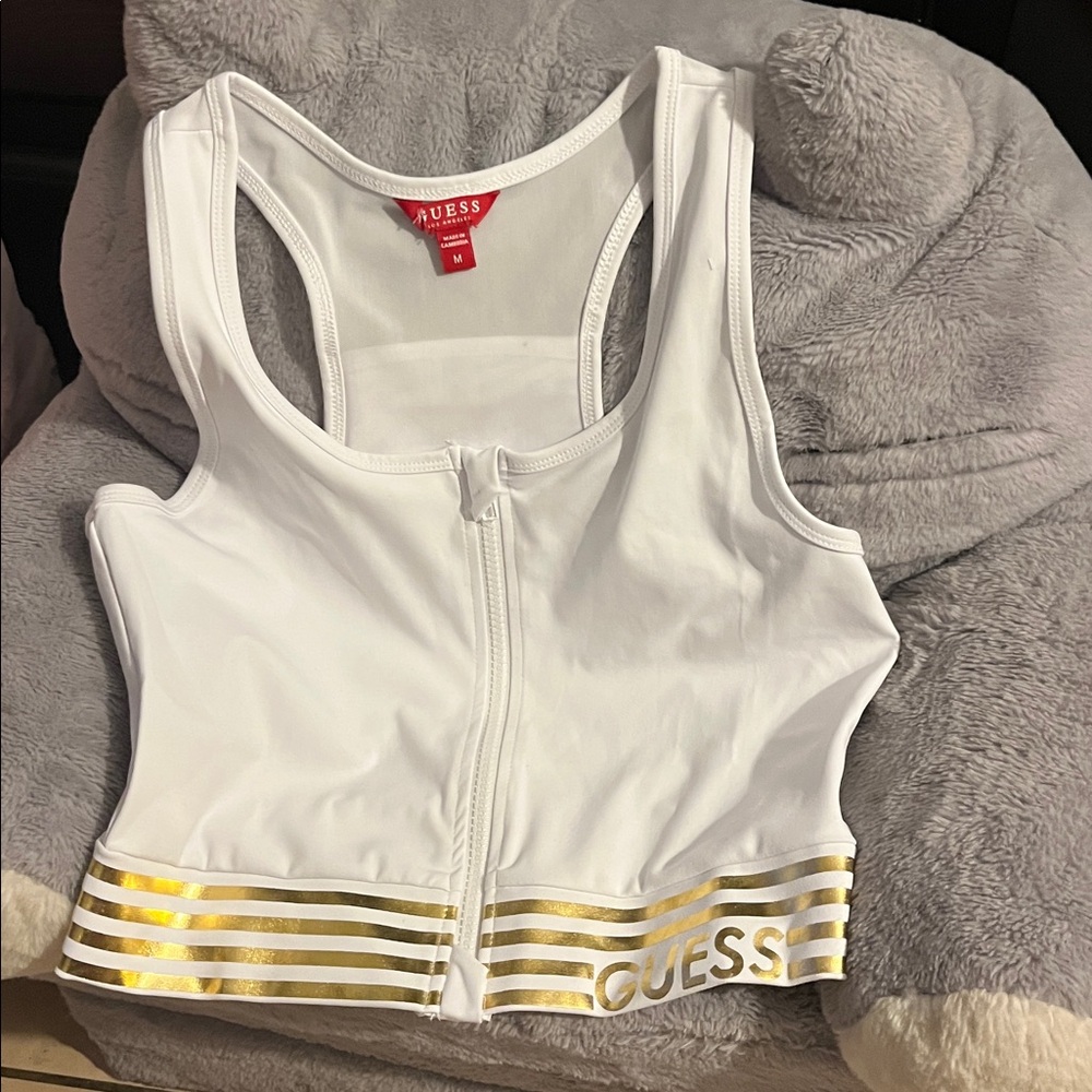 Guess White Crop Top with Gold Stripes